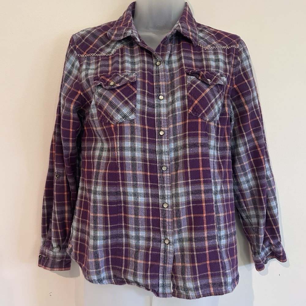 Bit & Bridle Plaid Pearl Snap Western Shirt Sz M Purple Cowgirl Roll Tab Sleeve